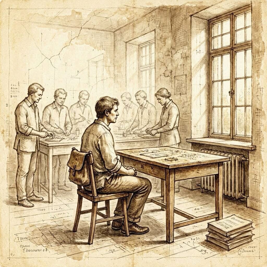 A Da Vinci sketch style illustration of a figure seated alone at an empty desk while colleagues work in the background, representing the retained team left behind after work is externalised