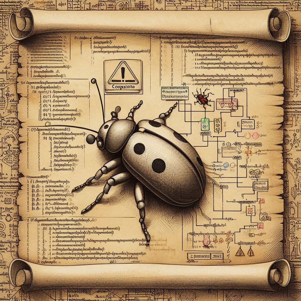 A mechanical bug on a technical diagram in da Vinci sketch style