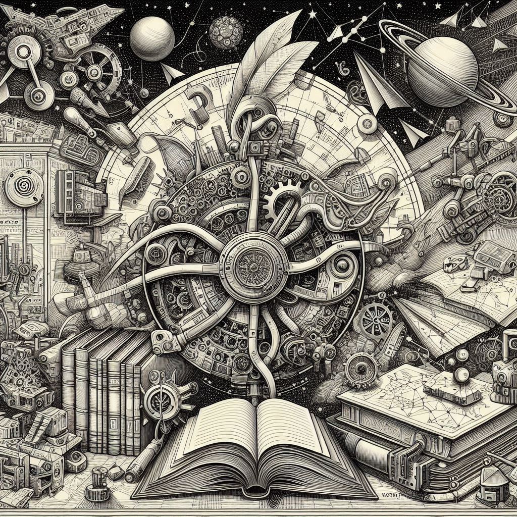 AI figure with books and a futuristic cityscape