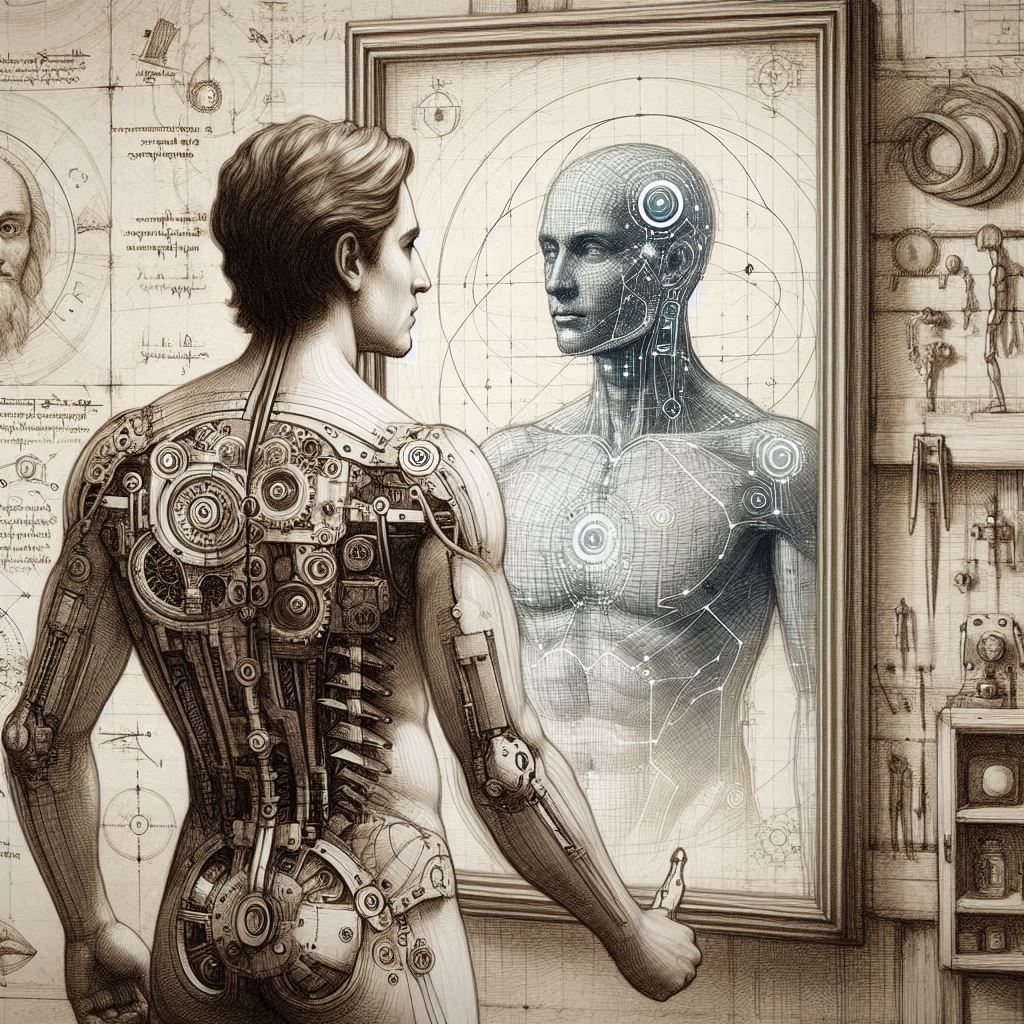 A person facing their digital twin in a mirror
